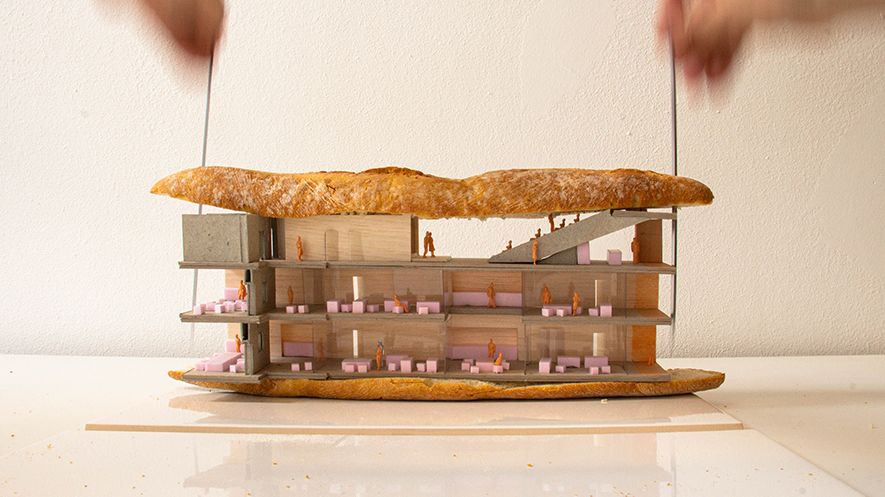 Modell des Entwurfs: Etagen eines Museums zwischen einem Sandwich