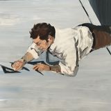 Gemälde des Künstlers, das einen auf dem Boden liegenden Mann mit Zeichenuntensilien zeigt