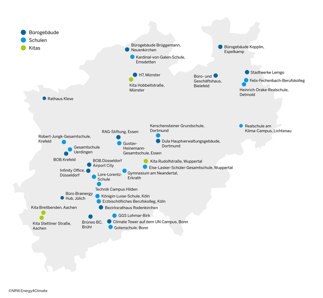 Übersichtskarte von NRW mit eingezeichneten prämierten Projekten