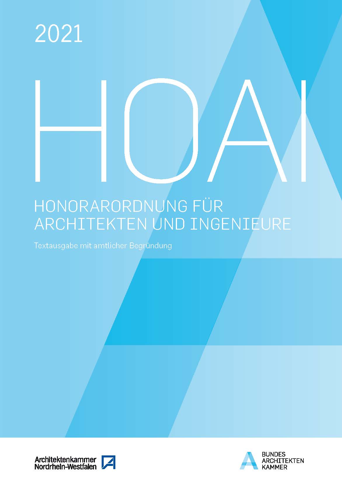 Titel/Umschlag der Broschüre "HOAI 2021 - Textausgabe mit amtlicher Begründung" in Blau mit Großbuchstaben H-O-A-I